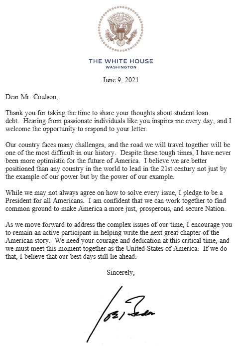 image of letter from President Joe Biden to John L. Coulson